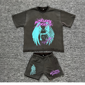 Ensemble deux pièces pour homme en coton lavé personnalisé pour l'été, t-shirt et short de survêtement effet délavé avec broderie de patch - Product Image 3