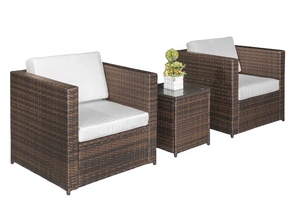 Juego de sofás de mimbre y ratán para exteriores, directo de fábrica en Vietnam, con cojines blancos, 2 sillones y mesa auxiliar para jardín o patio. - Product Image 1