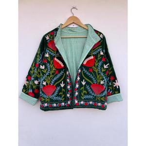 Indian Suzani Embroidery Breathable Knitted Cotton Button Women's Autumn Winter <b>Jacket</b> Regular Length Gift for Her - Product Image 1