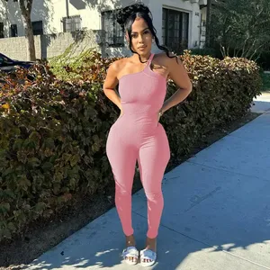 Mono ajustado sin costuras de un solo hombro rosa para mujer, cintura elástica, color sólido, ropa de verano - Product Image 1