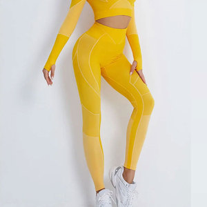 Leggings de yoga taille haute pour femmes, color-block, avec découpes, longueur intégrale, en Spandex et Polyester extensible - Product Image 5