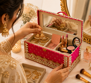 Boîte de rangement pour maquillage et bijoux, coffret de toilette de mariée avec plateau intérieur, poignée et serrure pour l'organisation de la coiffeuse - Product Image 4