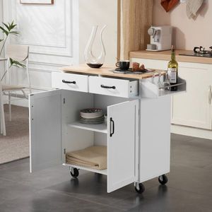 Carrello da Cucina con Due Ante e Un Cassetto in MDF e Legno di Gomma, 99,5*40*85,5cm, Verniciatura Bianca a Spruzzo - Product Image 3