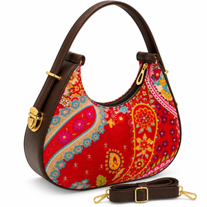 Sac hobo rouge à motif bohème avec fermeture éclair et bandoulière amovible pour toutes les saisons - Product Image 1