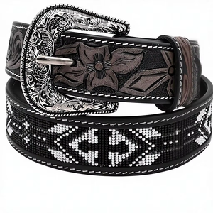 Cinturón de Cuero Vacuno con Cuentas Estilo Western Premium, Hebilla de Aleación, Ecológico y Duradero - Product Image 1