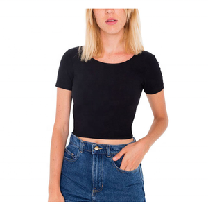 Camiseta 100% de algodón para mujer, top de manga corta con cuello redondo bordado personalizado, Top corto sin mangas, camiseta sexy con logo impreso - Product Image 1