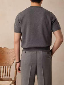 T-shirt en tricot à manches courtes pour homme, gris, col rond, coupe classique, couleur unie, style décontracté chic - Product Image 4