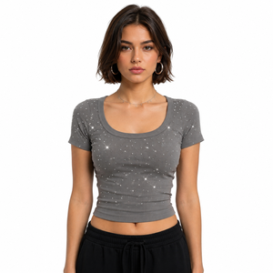 เสื้อครอปท็อปคอวี แขนสั้น แต่งคริสตัลวิบวับ สีน้ำเงินเข้ม ทรงเข้ารูป สไตล์ลำลอง ยืดหยุ่นได้ สำหรับผู้หญิง - Product Image 2