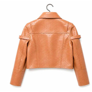 Veste moto en cuir gaufré croco pour femme, col rabattu, manches longues, coupe courte, style hiver - Product Image 4