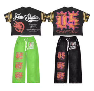 Ensemble deux pièces T-shirt et pantalon en coton 100% de haute qualité, coupe oversize, imprimé, délavé à l'acide, effet vieilli - Product Image 3