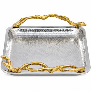 Wholesale Deluxe Metal Decorative <b>Tray</b> <b>Round</b> Stainless Steel Serving Platter With Brass Vine Handles For Hotel & Bulk Supply - Product Image 3