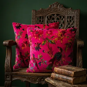 Hot Pink Velvet Pillow Cover Colorful Bird of Paradise Floral Print Decorative Cushion Cover for <b>Sofa</b> <b>Bed</b> and Home Decor Use - Product Image 3