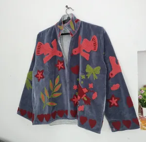 เสื้อแจ็คเก็ตกำมะหยี่คอตั้งปักลายซูซานี ประดับด้วยลายนกสีแดงและลายดอกไม้ เสื้อโค้ทผู้หญิงสำหรับฤดูใบไม้ร่วง - Product Image 2
