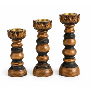 Ensemble de porte-bougies en bois de manguier sculpté à la main - Décoration d'intérieur en gros - Product Image 1