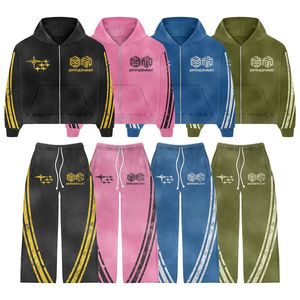 Chándal vintage con efecto deslavado al sol y lavado ácido |   Sudadera con capucha y cremallera estilo patchwork y pantalones deportivos acampanados |   OEM Personalizado - Product Image 1