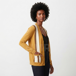 Cardigan en acrylique HMR pour sororité, tricoté, à manches longues, col en V, couleur contrastante, décontracté, boutonné sur le devant, pull à manches entières - Product Image 3