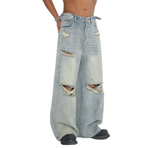 Jeans vintage déchirés à jambe large pour hommes, coupe ample, en denim vieilli, avec rivets, style streetwear hip-hop, vente en gros - Product Image 3