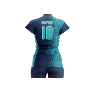 Women Volleyball Jersey Navy Teal Abstract Wave Texture Sublimation <b>Short</b> Sleeve <b>Shorts</b> Set Wholesale - Product Image 3