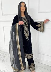 Conjunto de Top de Terciopelo de Viscosa Pesado con Bordado de Lentejuelas, Pantalón Palazzo y Dupatta de Organza para Mujer, Traje de Diseñador Cosido - Product Image 5