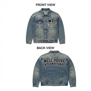 Veste en jean blanche écologique de qualité supérieure pour homme, 400 GSM, en sergé de coton, avec logo chenille personnalisé, devant à empiècements, style streetwear - Product Image 2