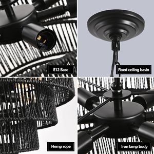 Lampadario Rustico a 4 Livelli in Corda di Canapa Nera da 20 Pollici, Lampada a Sospensione Boho Fatta a Mano con 6 Attacchi E12 - Product Image 6