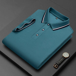 Men's Navy <b>Blue</b> Short Sleeve <b>Polo</b> <b>Shirt</b> Knitted Cotton Solid Color Casual Breathable Design with Contrast Trim Collar - Product Image 3