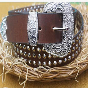 Genuine Leather Western Tooling <b>Belt</b> Metal <b>studded</b> With Antique Cowboy Silver Buckle and Metal End Cowboy <b>Belt</b> - Product Image 2