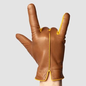Guantes de Moda de Cuero Marrón Premium con Ribete Amarillo en Contraste, Elegantes Guantes de Conducción de Dedo Completo para Hombres y Mujeres - Product Image 1