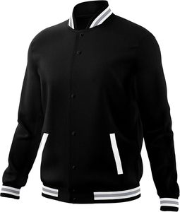 Unisex Black Varsity Jacket White Stripe Trim Regular Fit Casual Winter Wear Turn-<b>down</b> Collar Polyester/Cotton Material Front - Product Image 2