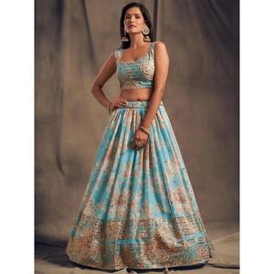 Festival d'organza imprimé floral bleu ciel Lehenga Choli - Product Image 4