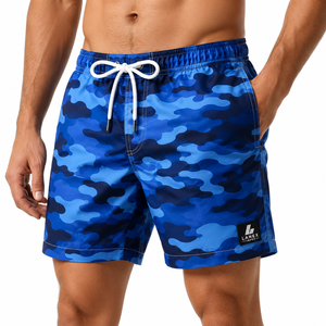 Shorts de bain pour hommes, bleu camouflage, séchage rapide, légers, avec cordon de serrage à la taille, logo personnalisé, vêtements de plage - Product Image 2