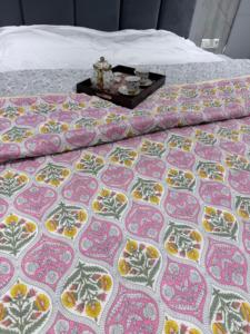 Premium Jaipuri Pure Malmal Dohar Pink Floral Block Print Mulmul Cotton Summer <b>Quilt</b> <b>Bedding</b> Fabric - Product Image 2