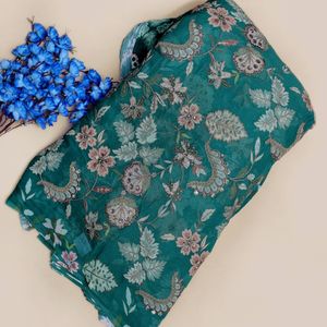 Deep <b>Emerald</b> Green Georgette Fabric High-Definition Threadwork Floral Vine Pattern Luxury Medium Weight Printed Silk for Wedding - Product Image 4