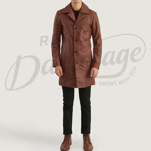 Manteau trench-coat en cuir véritable marron pour homme, coupe classique slim, long, chaud et doux pour l'hiver. - Product Image 4