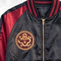 Blouson Bomber Varsity Sukajan Personnalisé pour Homme, Broderie Dragon sur le Devant, Coupe-Vent, Rouge et Noir, Style Streetwear Japonais en Satin