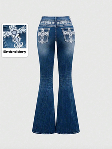 Pantalones Vaqueros Acampanados Personalizados Muzamin para Mujer, Poliéster/Algodón, Secado Rápido y Transpirables, Estilo Vintage, Largos - Product Image 3