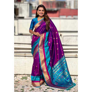 Sari en soie Paithani violette Elite Weaves avec bordure en satin Muniya, élégant, protection solaire, vêtements indiens et pakistanais - Product Image 1
