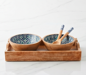 Ensemble de 2 bols en bois faits à la main avec cuillères, motif géométrique émaillé bleu sarcelle, idéal pour la maison et la table - Product Image 3