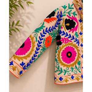 Chaqueta de terciopelo champán de lujo, estilo suzani, con bordado floral, cuello alto, manga larga, estilo bohemio, para mujer, ropa de abrigo de primavera - Product Image 3