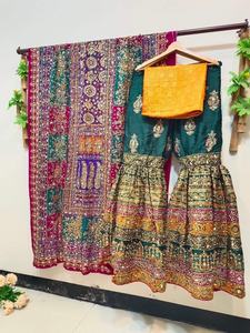 2022 vente chaude indien pakistanais dernière soie brute lourde brodé Gharara fantaisie Salwar Kameez robe en mousseline de soie à la main pour - Product Image 4