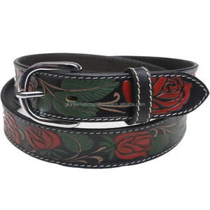 เข็มขัดเครื่องมือหนังวัวแท้เมล็ดเต็มหนังตะวันตกแฟชั่นคลาสสิกเข็มขัดหนังหนังดิบมือแกะสลักพร้อมส่ง - Product Image 1