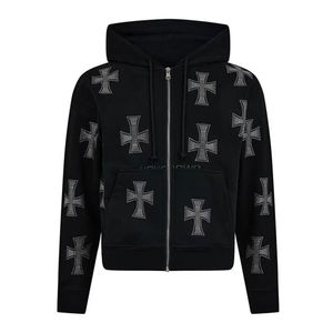 Conjunto Deportivo de Hombre con Sudadera con Capucha Negra y Cierre Completo, Diseño con Pedrería Cruzada, Pantalones Jogger, Estilo Urbano, Dos Piezas - Product Image 5