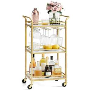 Carrito de Bar Moderno Dorado de 3 Niveles, Carrito de Servicio Rodante de Lujo con Estantes de Mármol, Portavasos y Botellero para Cocina y Fiestas - Product Image 1