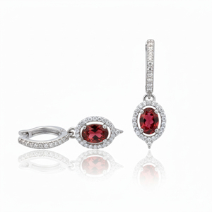 Pendientes de Plata 925 con Granate Ovalado y Halo, de Lujo, con Clip, 6 Gramos, Bañados en Rodio, para Mujer, Regalo para Fiesta de Compromiso o Boda - Product Image 3