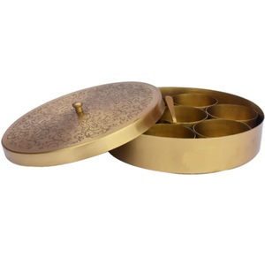Brass Masala <b>Box</b> With Intricate Engraved Lid 7 Compartment Indian Spice Organizer Set With Spoon For Luxury Kitchen Decor & Home - Product Image 1