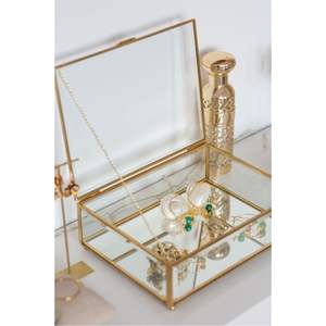 Boîte de présentation à 4 compartiments en verre texturé transparent avec bordure dorée, organisateur de cosmétiques anti-poussière, boîte à bijoux de mariage avec rouleau porte-bagues - Product Image 4