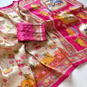 Sari en soie douce VASTRA COTTAGE, jacquard Jari, imprimé numérique Kalamkari, avec blouse à passepoil Doori - Product Image 5