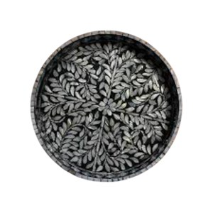 Handcrafted Round Mother Of Pearl Inlay Serving Tray <b>Black</b> And White Floral Pattern Decorative Coffee Table Tray For Home Decor - Product Image 1