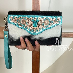 Bolsos de mano de piel auténtica de vaca con concho turquesa de lujo y diseño floral grabado a mano para mujer, venta al por mayor, gran éxito de ventas. - Product Image 1