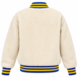 Chaqueta Varsity Sherpa para Mujer, Bordada con el Escudo de Sigma Gamma Rho, Cierre Completo, Cuello Alto, Ribete Grueso Azul y Amarillo, Ropa de Invierno - Product Image 5